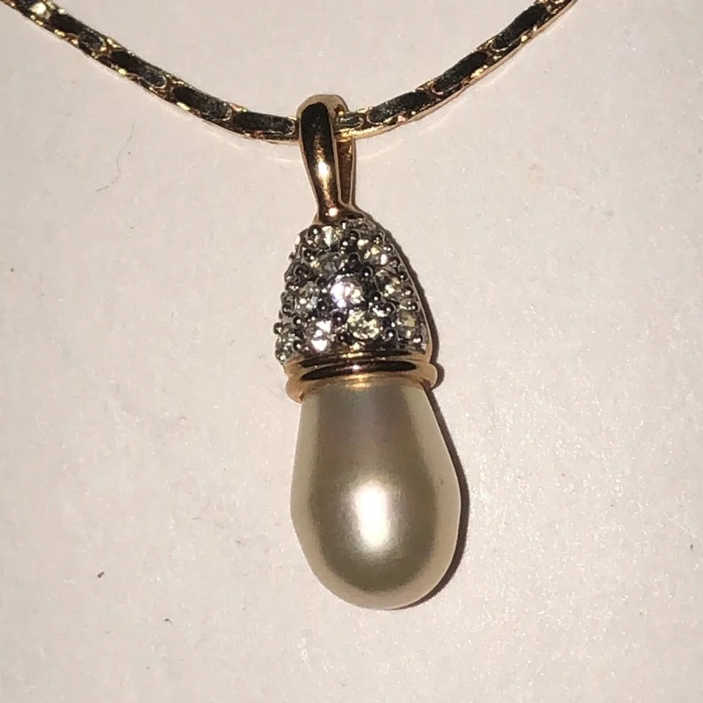 Crystaline Brand Gold Tone Faux Pearl CZ Rhinestone Pendant Necklace